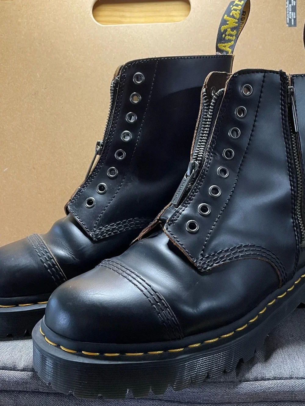 Dr. Martens Black Leather Zip-Up Combat Boots with Yellow Stitch